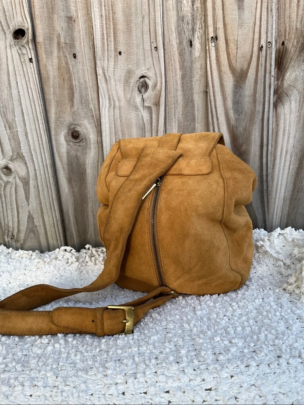 DKNY Suede Drawstring Backpack — Tan Suede with Gold Hardware